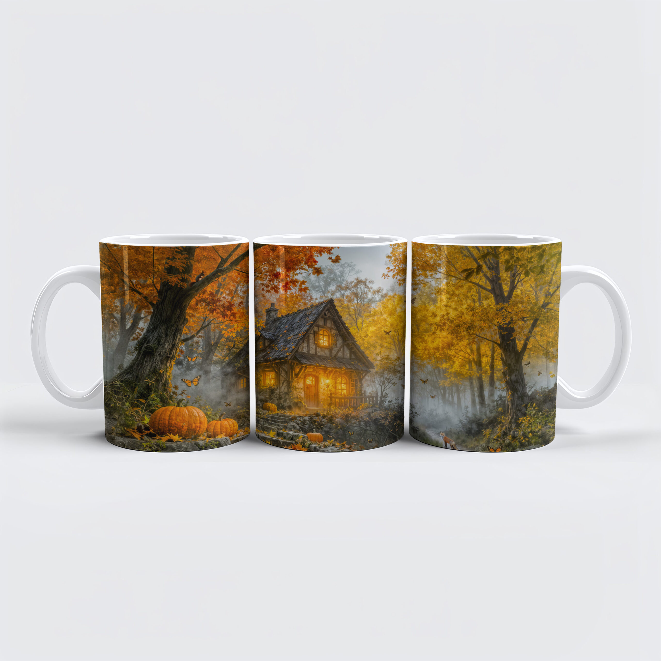 raxxa Premium-Tasse: Autumn Forest Cottage with forest animals and Mushrooms Artwork