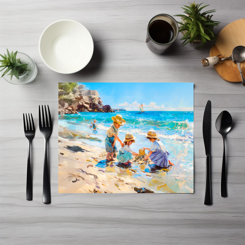 raxxa Premium-Tischset: Children Playing on the Beach Impressionist Art