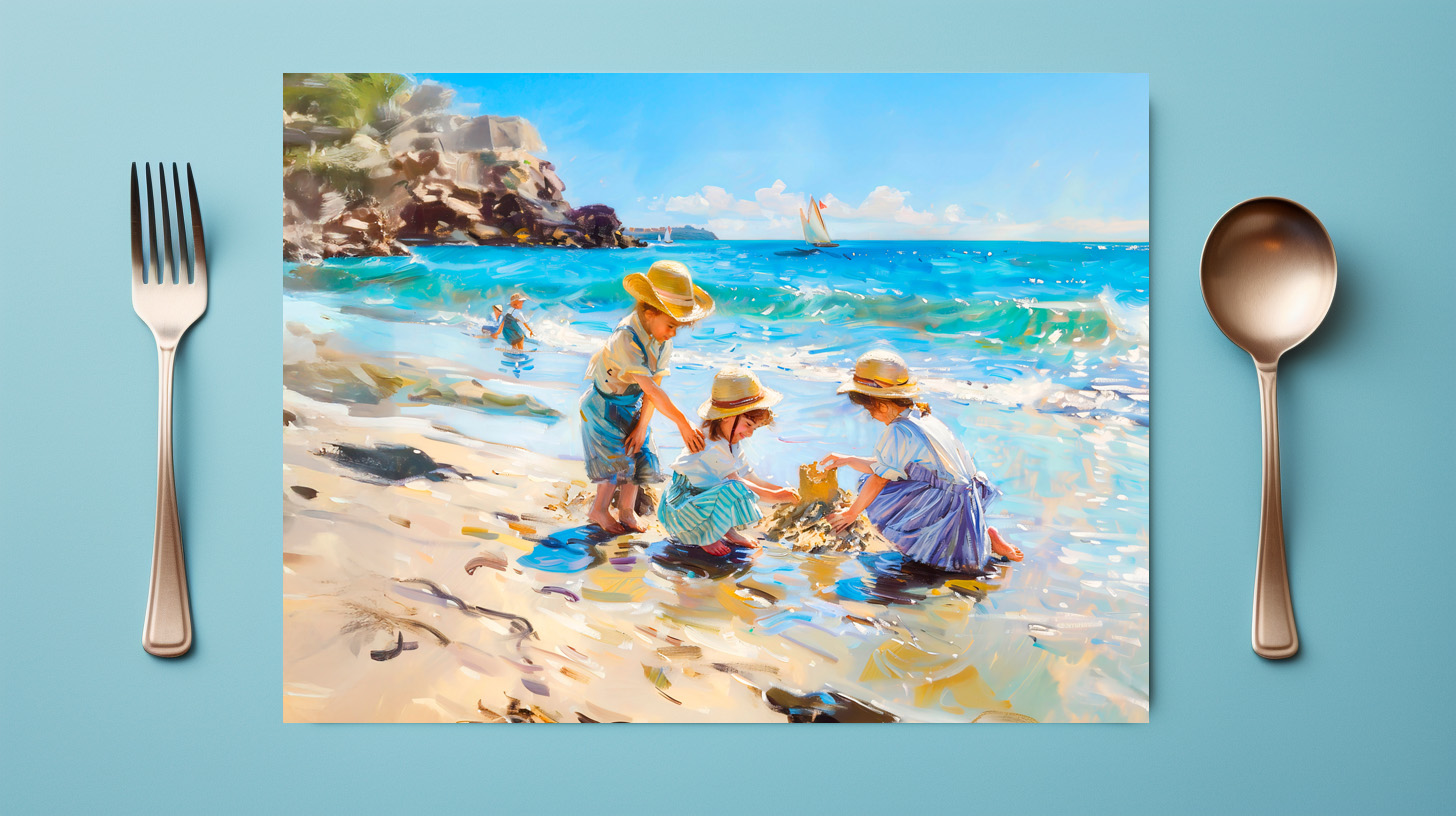raxxa Premium-Tischset: Children Playing on the Beach Impressionist Art - Image 2