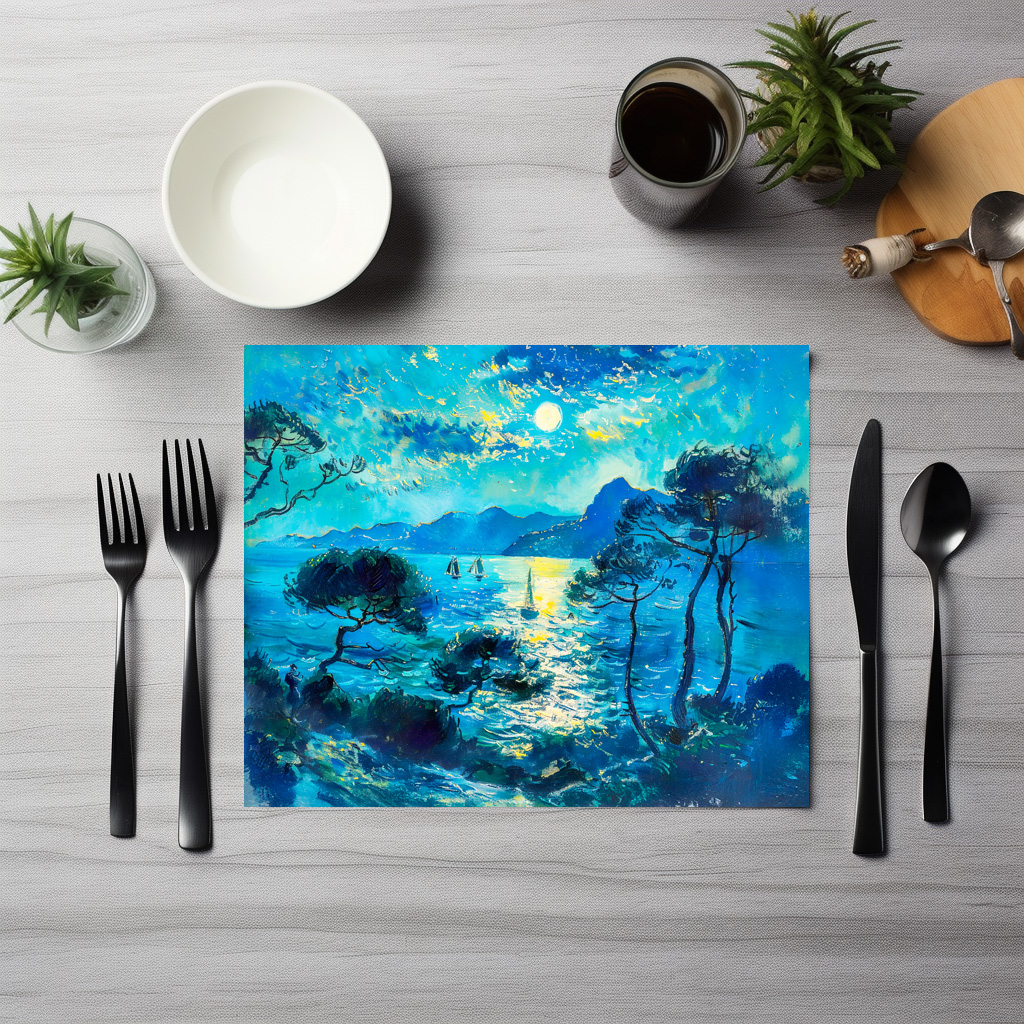 raxxa Premium-Tischset: Moonlit Bay with Boats Impressionist Nocturne