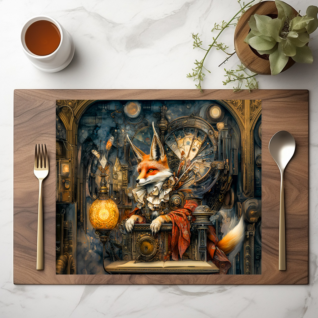 raxxa Premium-Tischset: Fox on a Steampunk Pulpit in a Mystical Scene