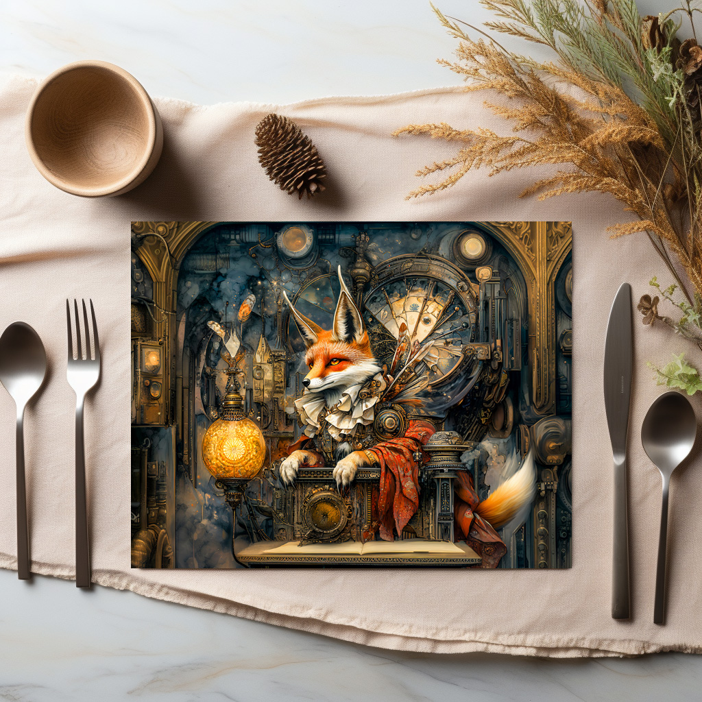 raxxa Premium-Tischset: Fox on a Steampunk Pulpit in a Mystical Scene – Bild 2