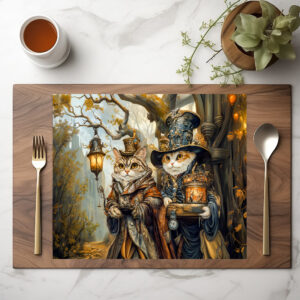 raxxa Premium-Tischset: Two Magic Cats in a Steampunk Fantasy Scene