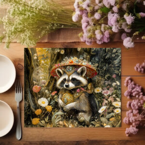 raxxa Premium-Tischset: Raccoon with a Fly Agaric Mushroom in Fantasy Forest