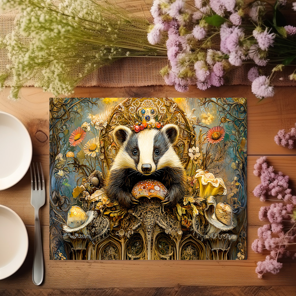 raxxa Premium-Tischset: Badgers on a Mushroom Throne in a Fantasy Scene – Bild 2