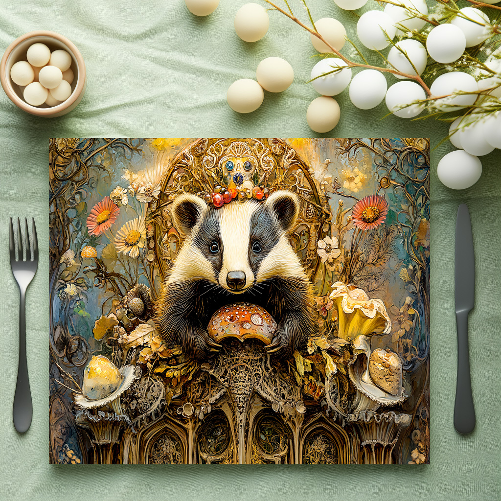 raxxa Premium-Tischset: Badgers on a Mushroom Throne in a Fantasy Scene – Bild 3