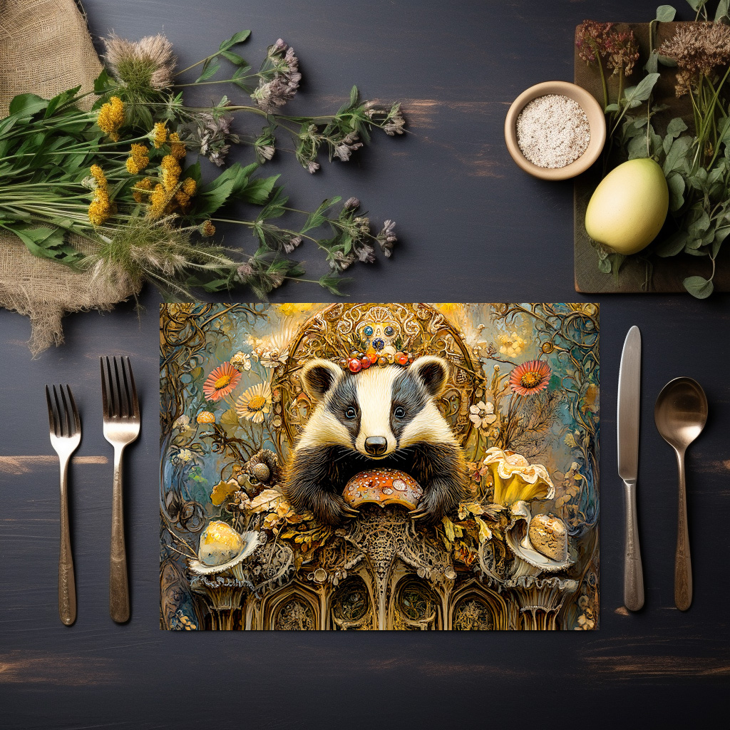 raxxa Premium-Tischset: Badgers on a Mushroom Throne in a Fantasy Scene