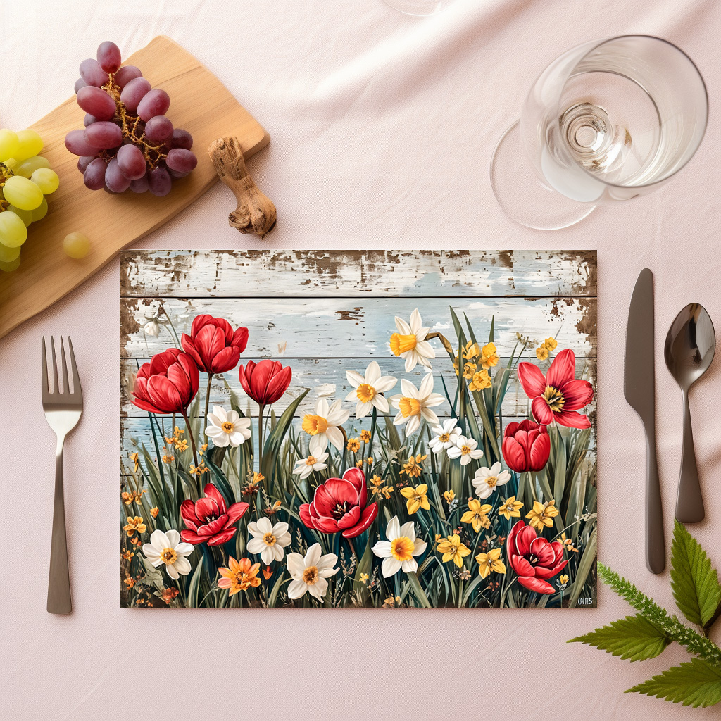 raxxa Premium-Tischset: Red Tulips and Daisies on White Planks