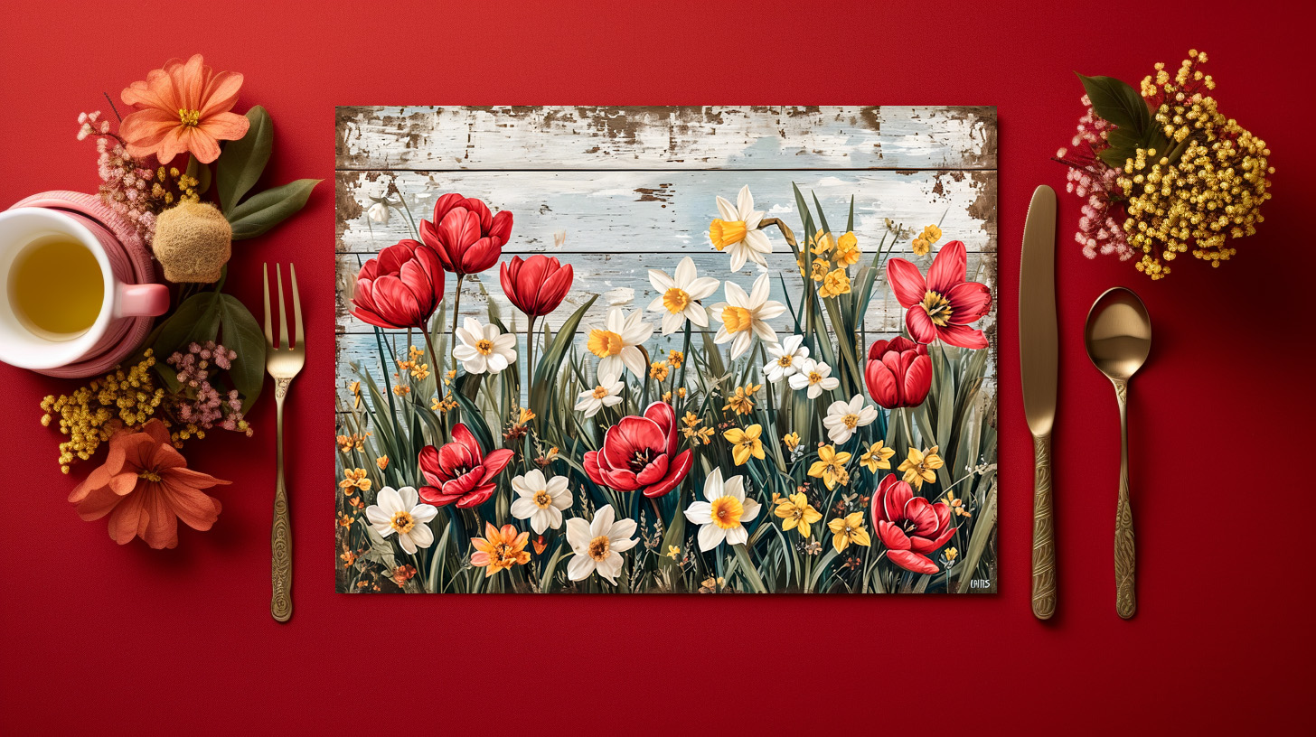 raxxa Premium-Tischset: Red Tulips and Daisies on White Planks - immagine 2