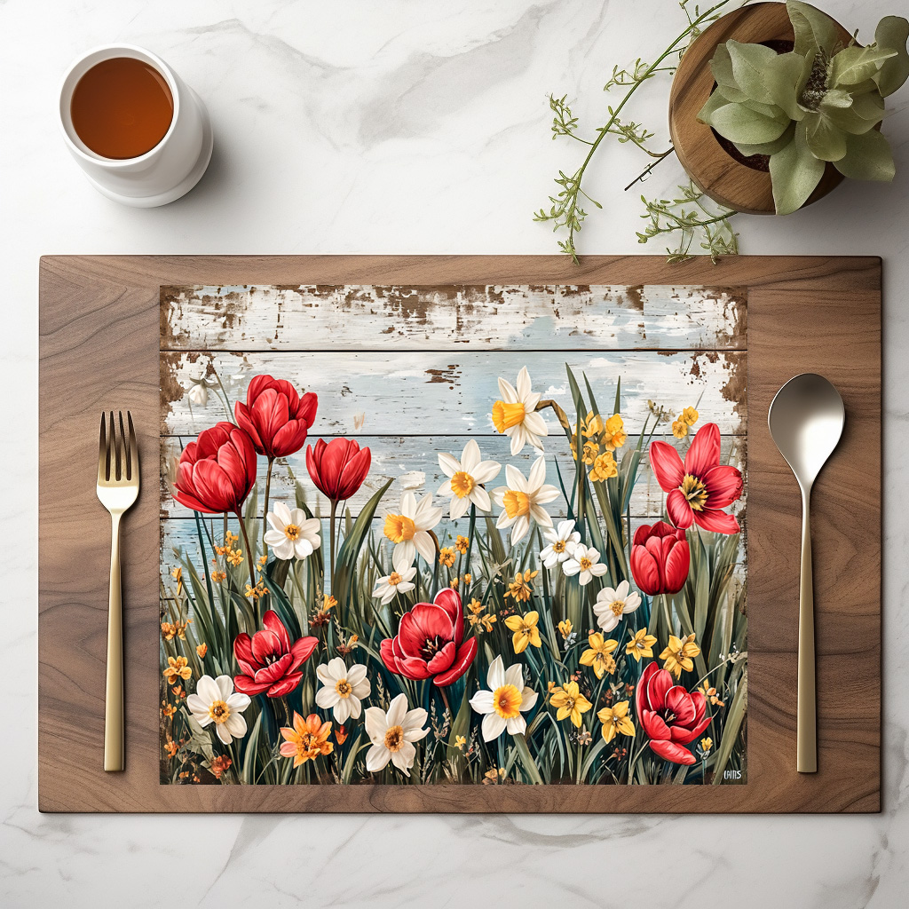 raxxa Premium-Tischset: Red Tulips and Daisies on White Planks - immagine 3