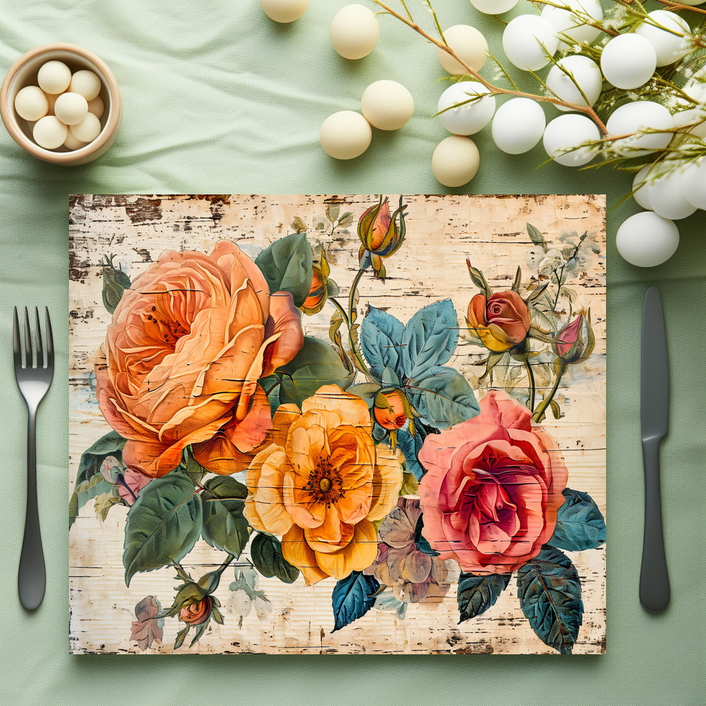 raxxa Premium-Tischset: Orange and Pink Roses on Rustic Wood – Bild 2