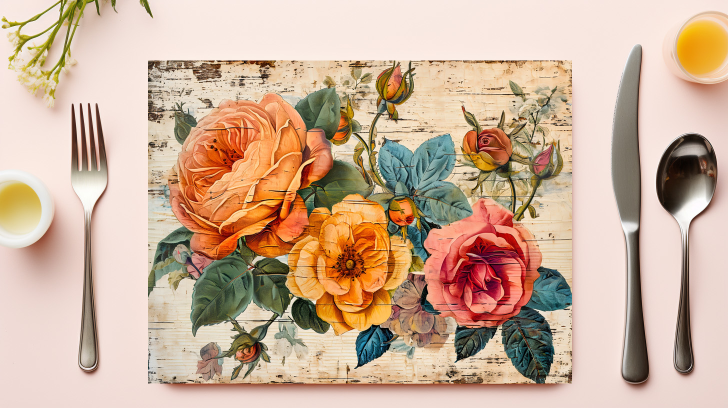 raxxa Premium-Tischset: Orange and Pink Roses on Rustic Wood – Bild 3