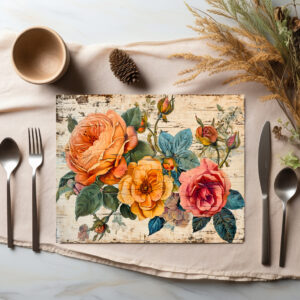 raxxa Premium-Tischset: Orange and Pink Roses on Rustic Wood
