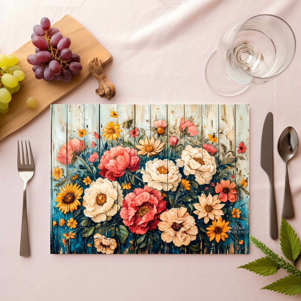 raxxa Premium-Tischset: Red Roses and Zinnias in Rustic Contrast