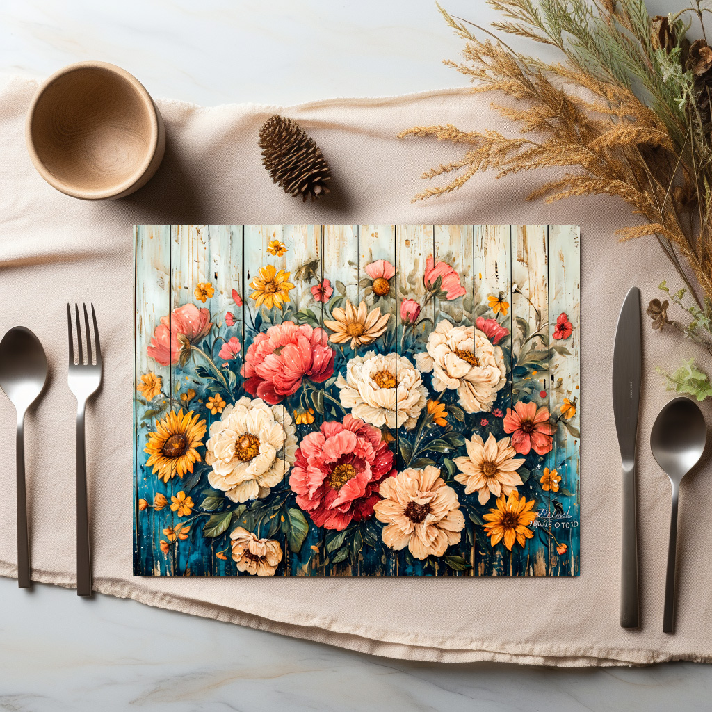 raxxa Premium-Tischset: Red Roses and Zinnias in Rustic Contrast – Bild 2