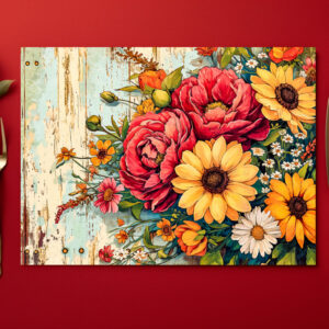 raxxa Premium-Tischset: Red and Yellow Garden Flowers on Wood