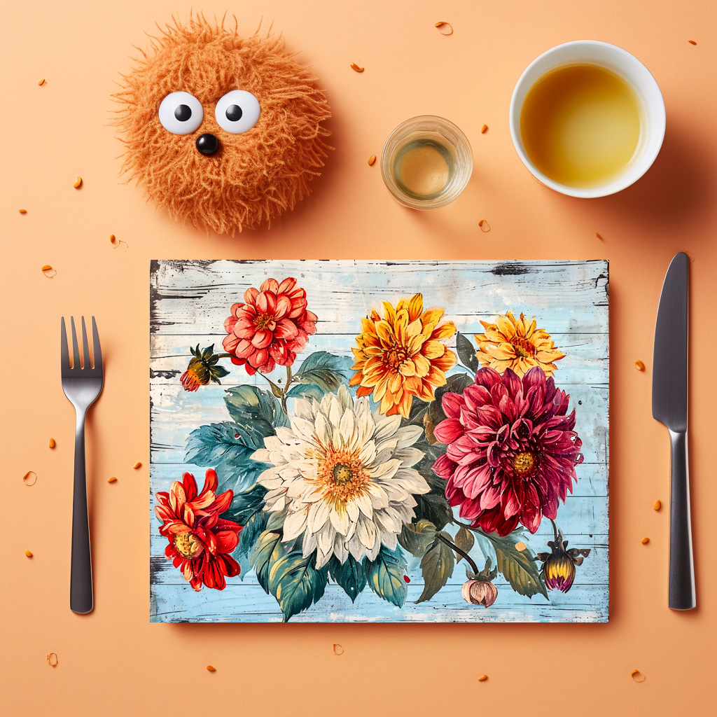raxxa Premium-Tischset: Dahlia Garden Mix on Blue Wood – Image 3