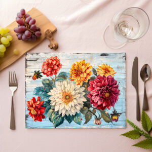 raxxa Premium-Tischset: Dahlia Garden Mix on Blue Wood