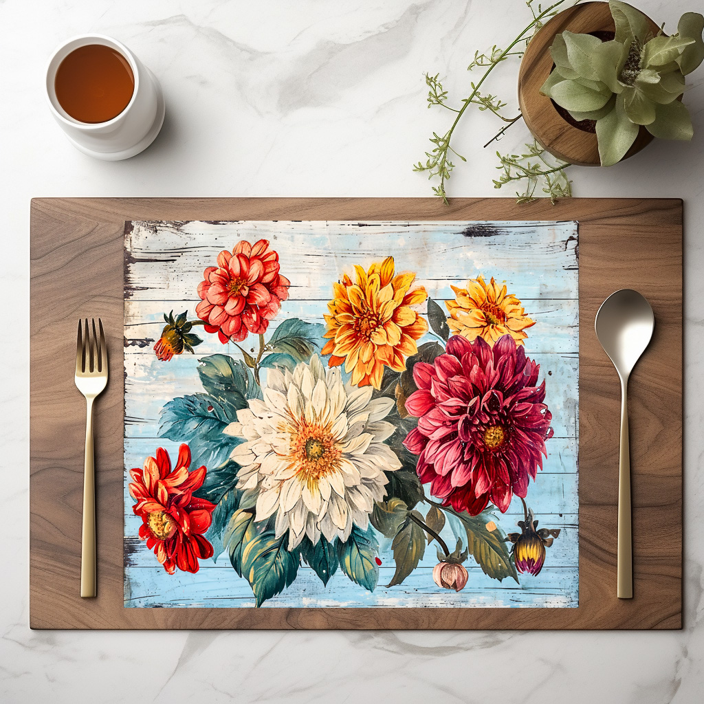 raxxa Premium-Tischset: Dahlia Garden Mix on Blue Wood – Image 2