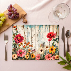 raxxa Premium-Tischset: Pink Poppies and Daisies on Blue Wood