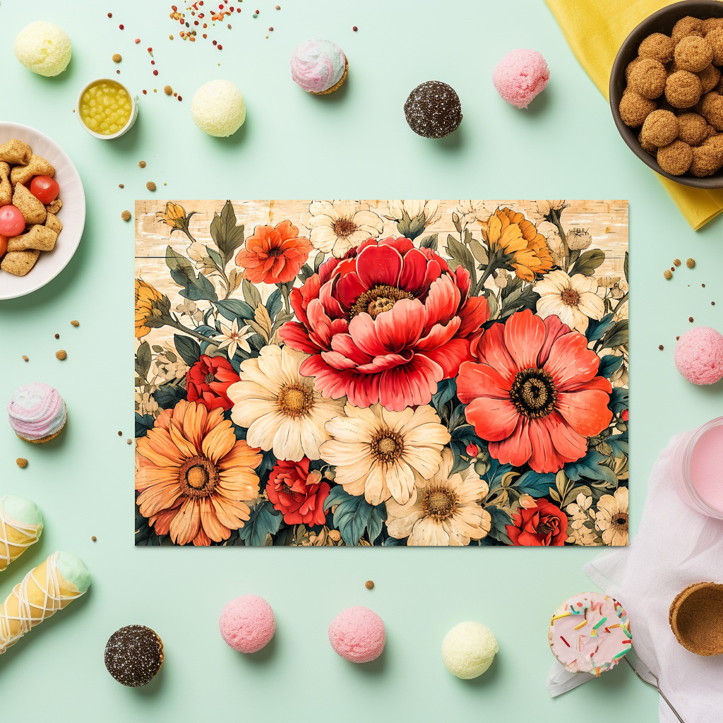raxxa Premium-Tischset: Coral Poppies and Zinnias on Rustic Boards – Bild 2