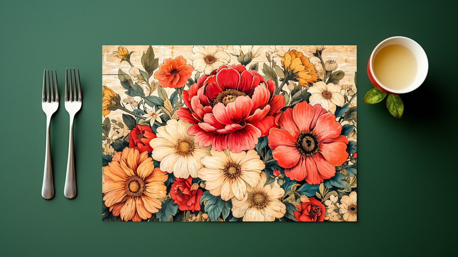 raxxa Premium-Tischset: Coral Poppies and Zinnias on Rustic Boards – Bild 3