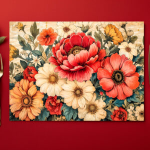 raxxa Premium-Tischset: Coral Poppies and Zinnias on Rustic Boards