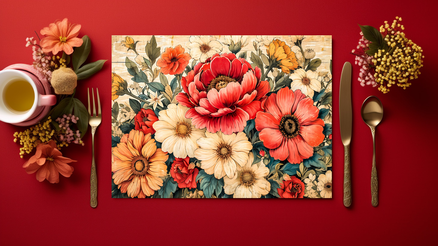 raxxa Premium-Tischset: Coral Poppies and Zinnias on Rustic Boards