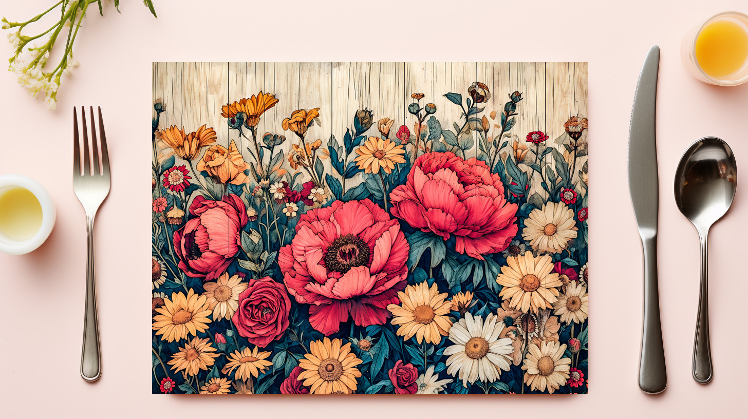 raxxa Premium-Tischset: Dahlia and Rose Garden Mix on Blue Wood – Image 3