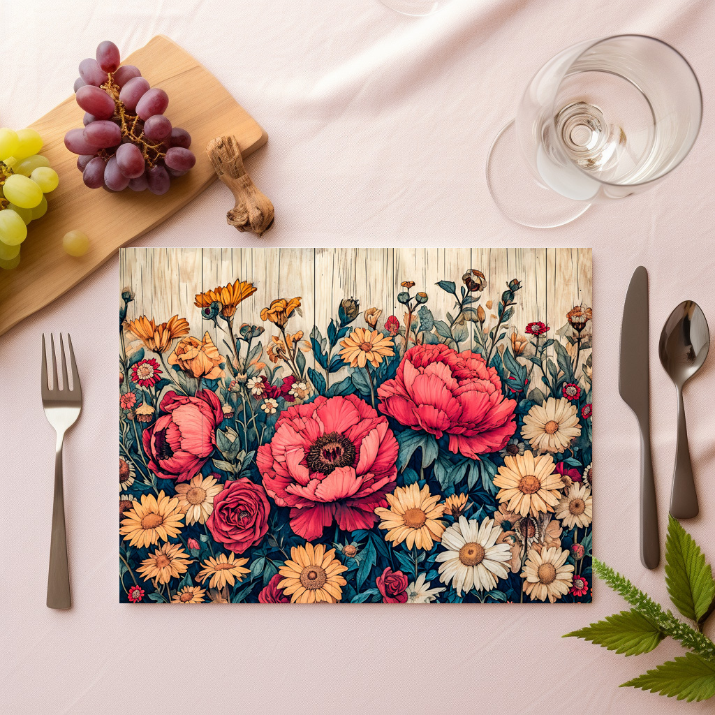 raxxa Premium-Tischset: Dahlia and Rose Garden Mix on Blue Wood