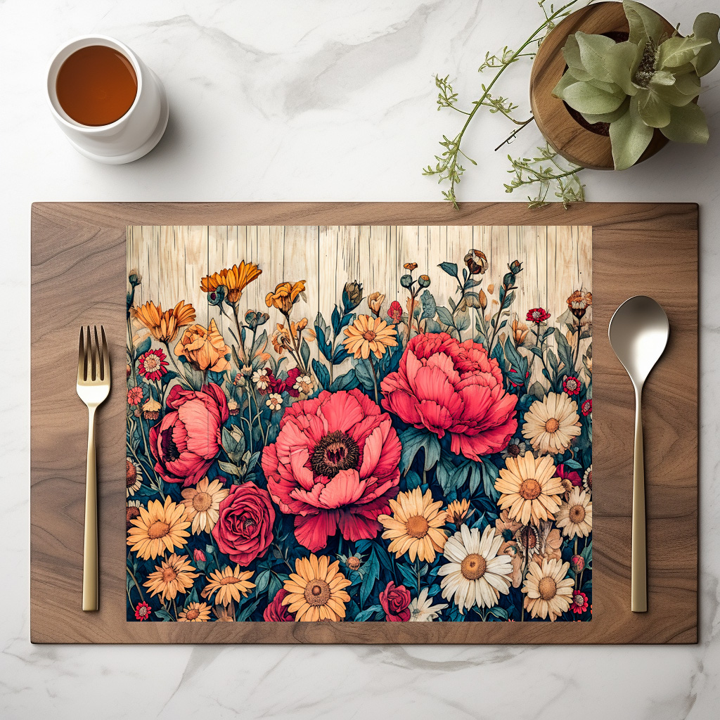 raxxa Premium-Tischset: Dahlia and Rose Garden Mix on Blue Wood – Image 2