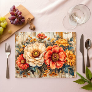 raxxa Premium-Tischset: Cream Peony and Orange Zinnia on Wood