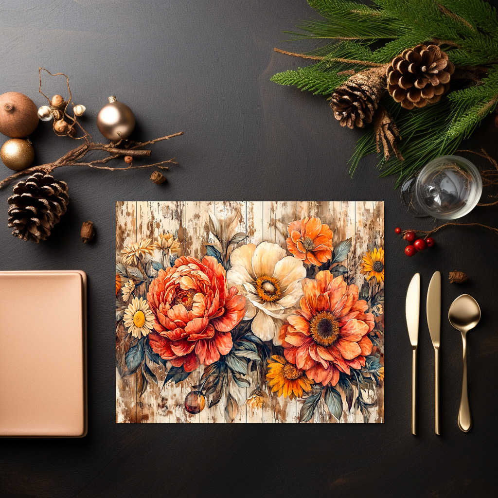 raxxa Premium-Tischset: Peonies and Marigolds on Dark Rustic Wood – Bild 3