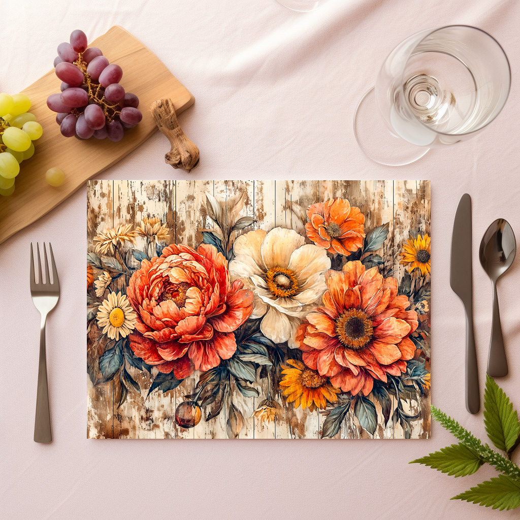 raxxa Premium-Tischset: Peonies and Marigolds on Dark Rustic Wood