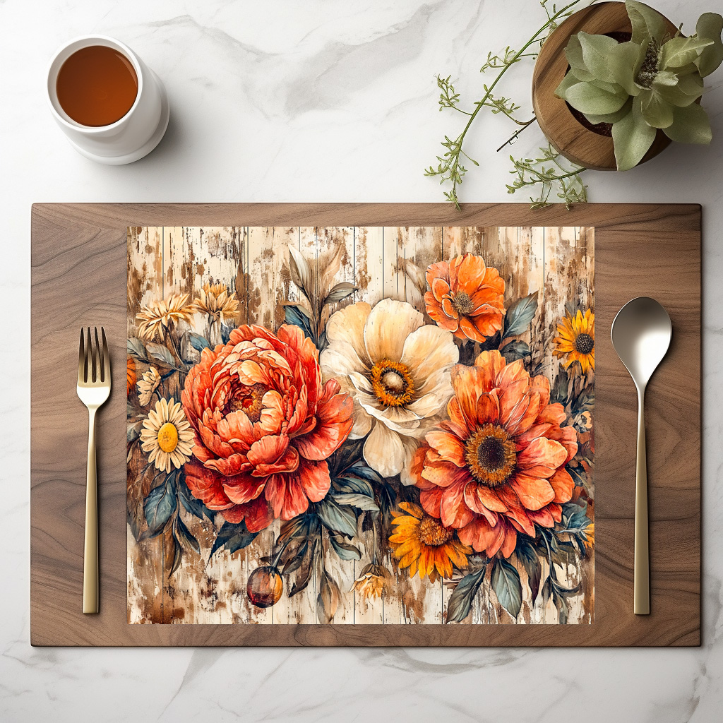raxxa Premium-Tischset: Peonies and Marigolds on Dark Rustic Wood – Bild 2