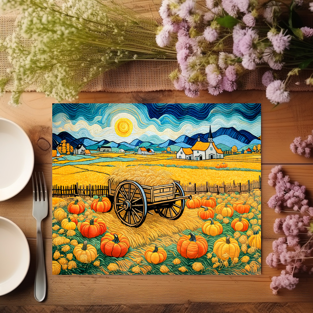 raxxa Premium-Tischset: Pumpkin Field Harvest with Hay Wagon