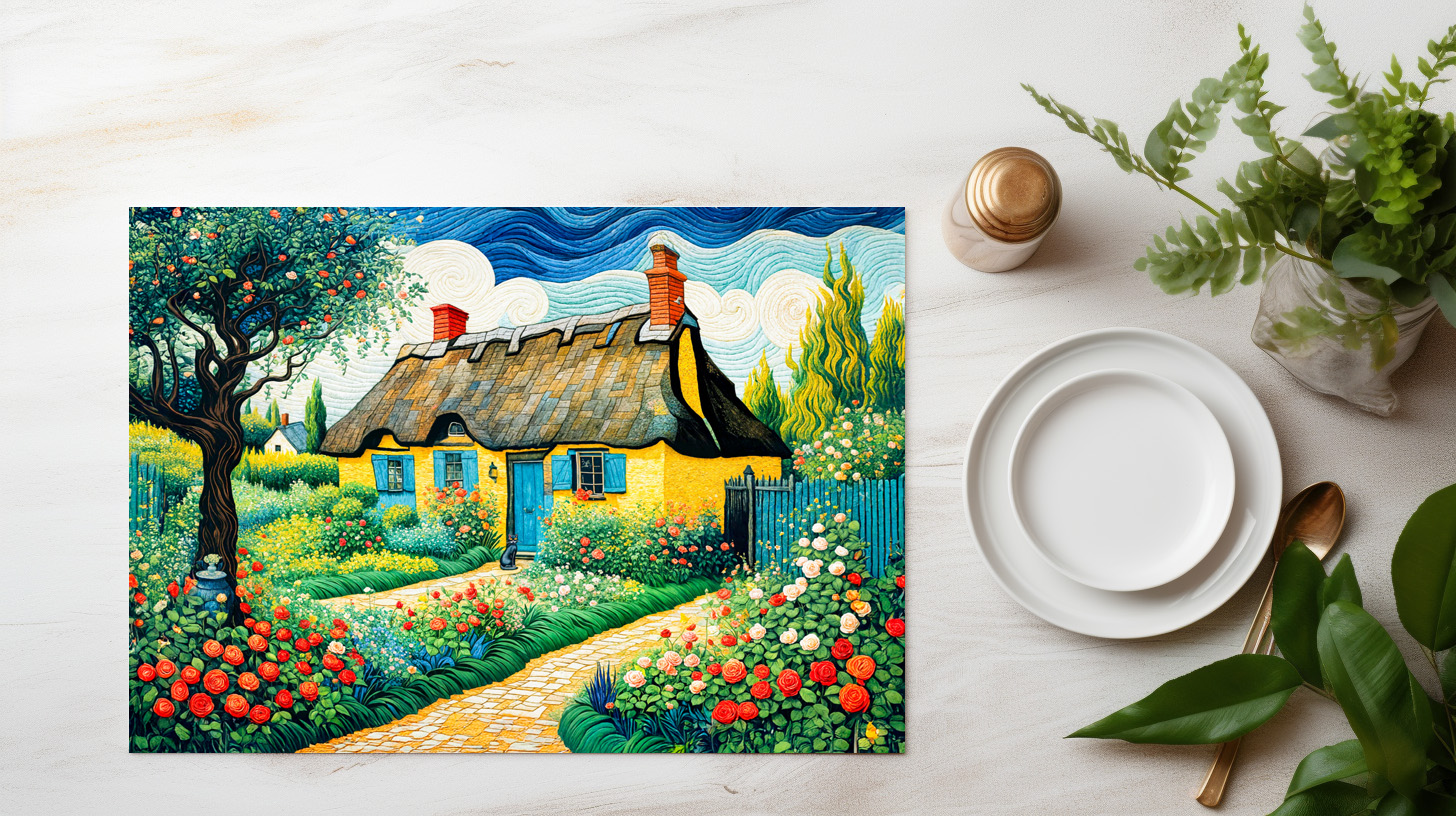 raxxa Premium-Tischset: Charming Thatched Cottage with Lush Garden