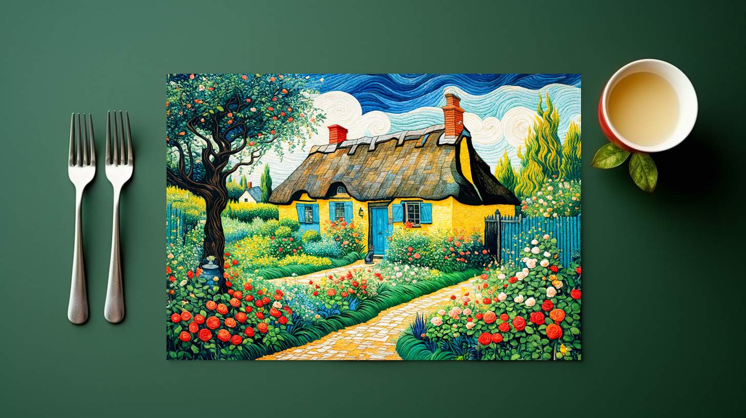 raxxa Premium-Tischset: Charming Thatched Cottage with Lush Garden – Image 3