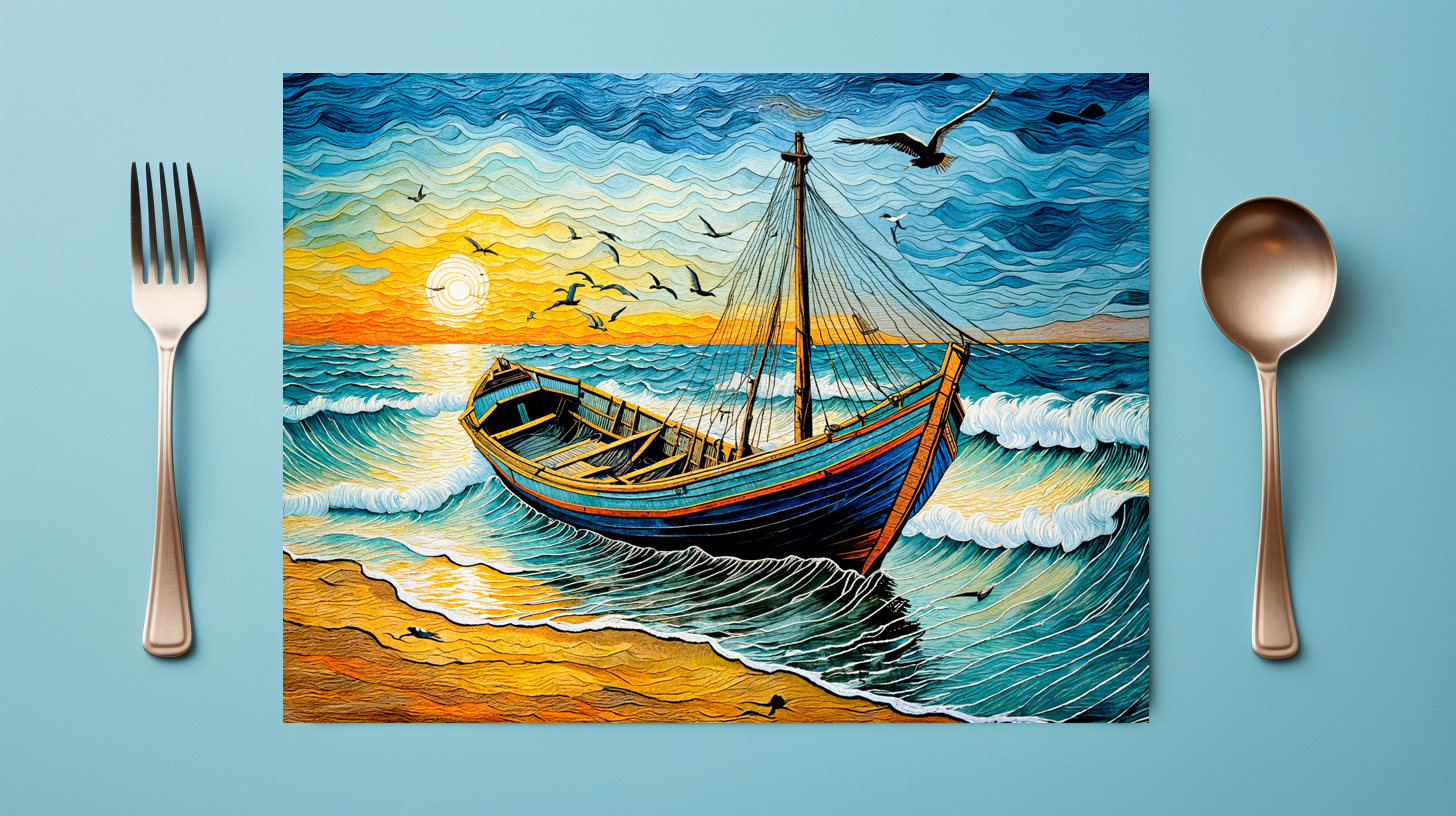 raxxa Premium-Tischset: Boat on Calm Waters at Sunset