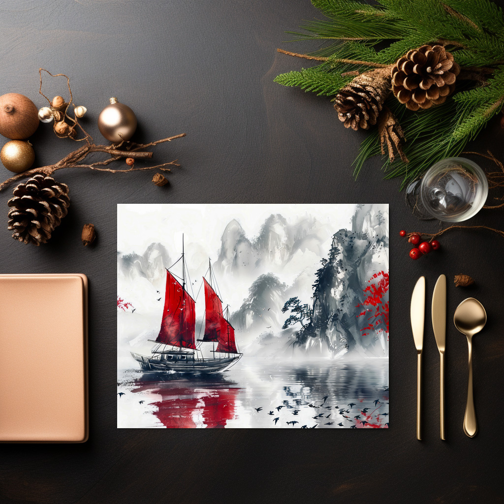 raxxa Premium-Tischset: Chinese Watercolor Junk on Serene Lake – Image 3