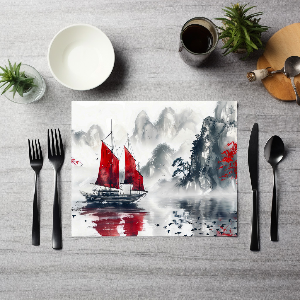 raxxa Premium-Tischset: Chinese Watercolor Junk on Serene Lake