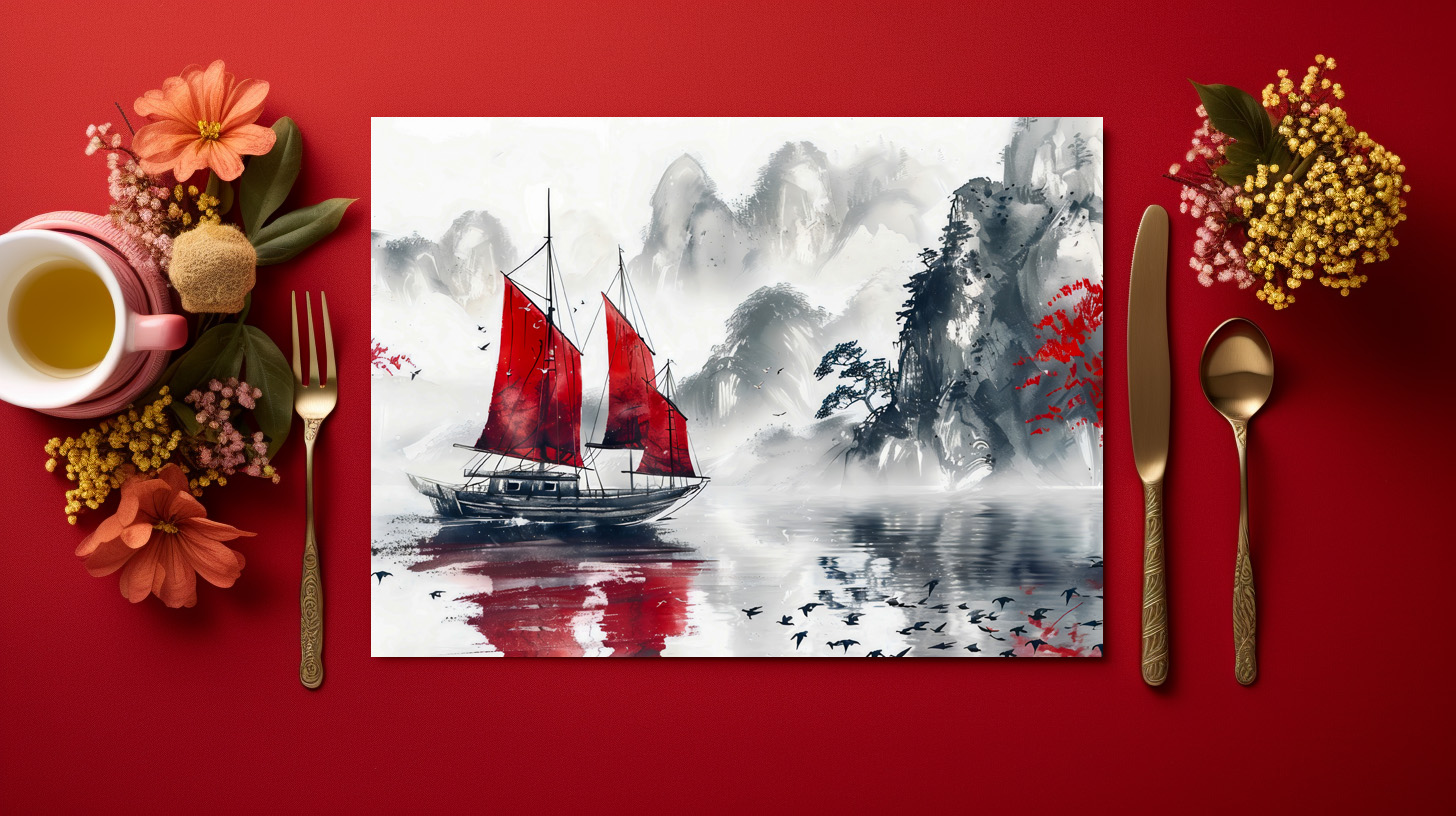 raxxa Premium-Tischset: Chinese Watercolor Junk on Serene Lake – Image 2