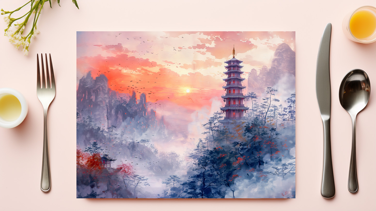 raxxa Premium-Tischset: Chinese Watercolor Temple at Evening Glow – Bild 3