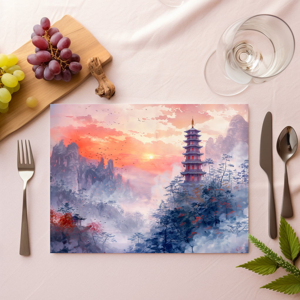 raxxa Premium-Tischset: Chinese Watercolor Temple at Evening Glow – Bild 2