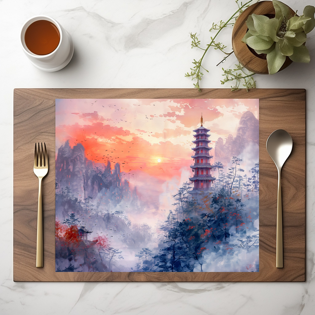 raxxa Premium-Tischset: Chinese Watercolor Temple at Evening Glow