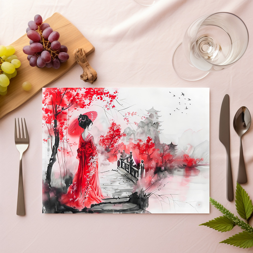 raxxa Premium-Tischset: Chinese Watercolor Geisha on a Bridge – Image 2