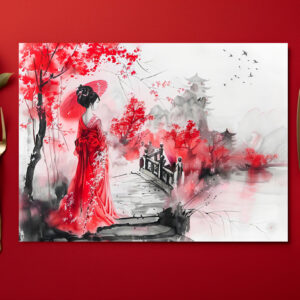 raxxa Premium-Tischset: Chinese Watercolor Geisha on a Bridge