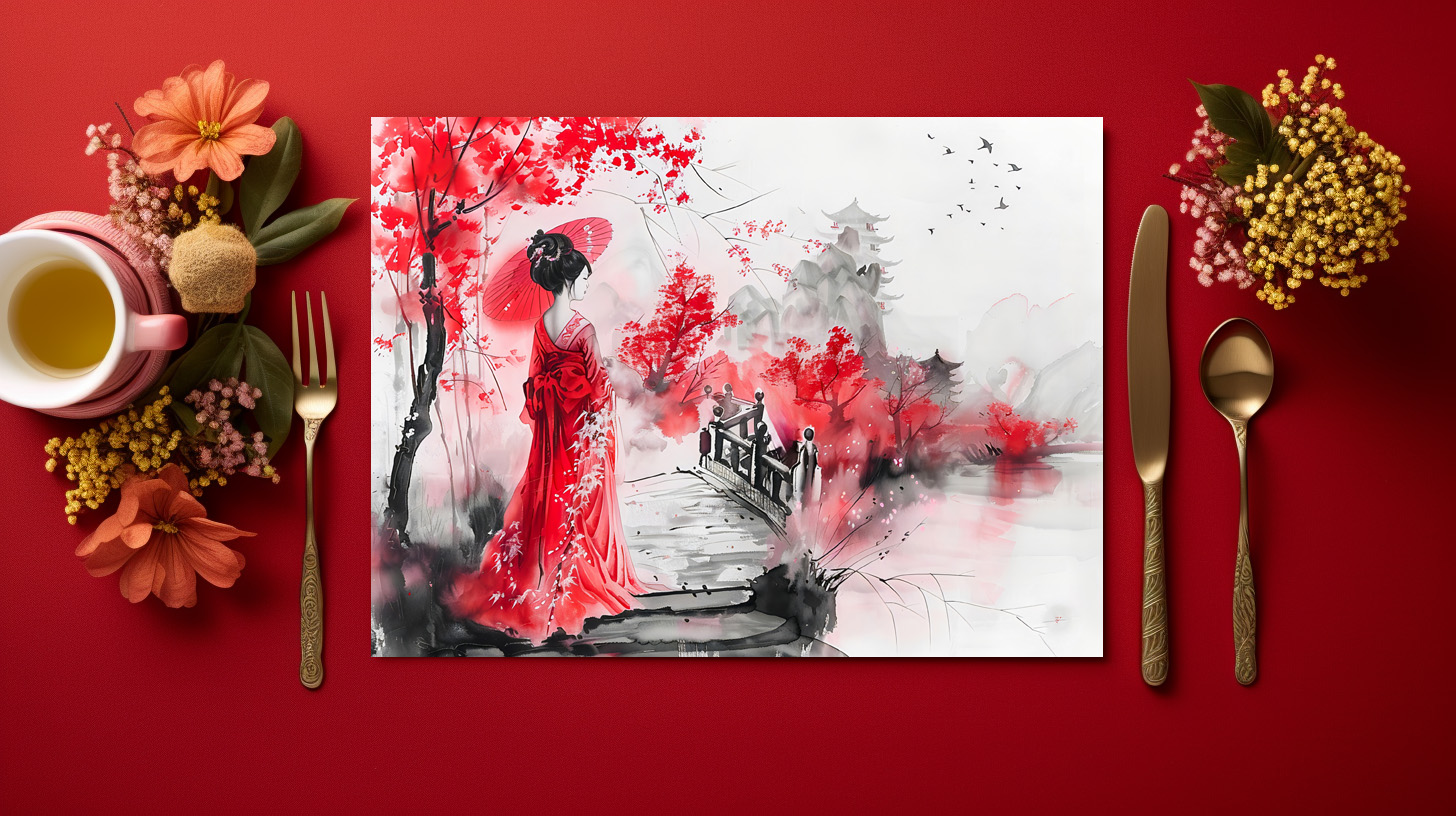 raxxa Premium-Tischset: Chinese Watercolor Geisha on a Bridge