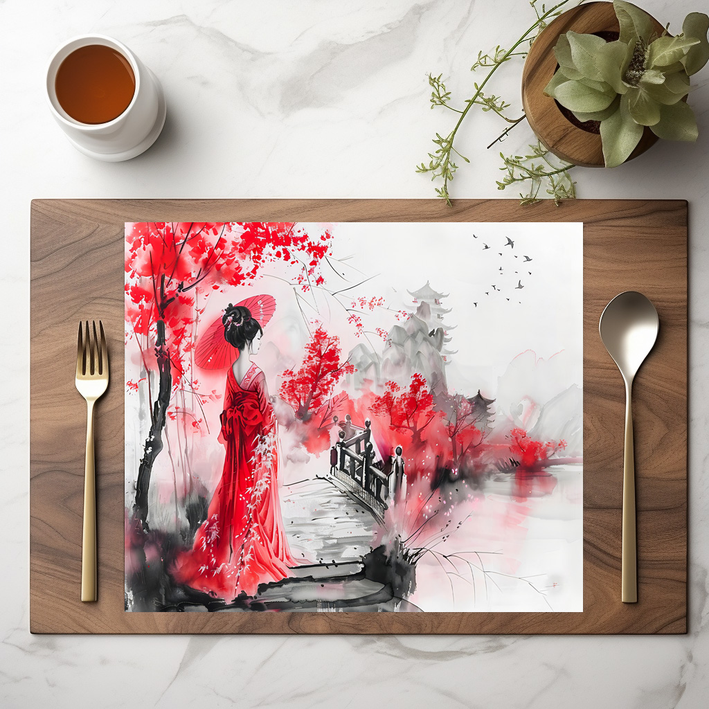 raxxa Premium-Tischset: Chinese Watercolor Geisha on a Bridge – Image 3