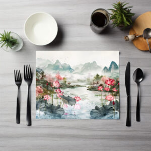 raxxa Premium-Tischset: Chinese Watercolor Lotus and Serene Mountains